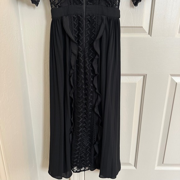 Self-Portrait Black Guipure Lace Pleated Midi Dress – Ruffle High Neck Belted 2 - Picture 6 of 12